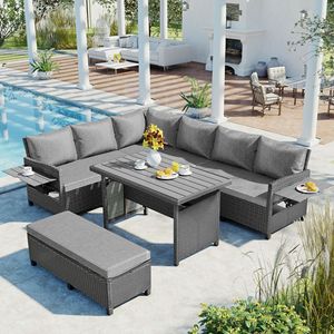 5-Piece PE Wicker Outdoor Patio Rattan <b>Sofa</b> Set L-Shaped Garden Furniture 2 Extendable <b>Side</b> <b>Tables</b> for Dining 2 Extendable <b>Side</b> - Product Image 1