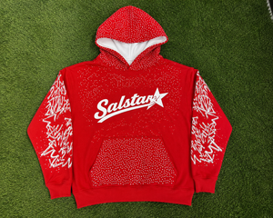 Custom <b>Red</b> Rhinestone Pullover Hoodie with Graphic Sleeves, Oversized Streetwear <b>Sweatshirt</b>, Premium Custom Logo Hoodie for <b>Men</b> - Product Image 6