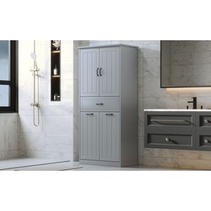 Armoire de rangement de salle de bain grise à deux portes avec tiroir et paniers à linge, meubles pour la maison - Product Image 1