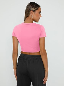 T-shirt court rose ample pour femme, manches courtes, col rond, détails boutonnés, tricoté décontracté 100 % coton, épaules tombantes, été - Product Image 2