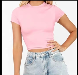 Women's <b>Red</b> <b>Crop</b> <b>Top</b> Short Sleeve Crew Neck Knitted Slim Fit Casual Solid Color Spring Summer - Product Image 5
