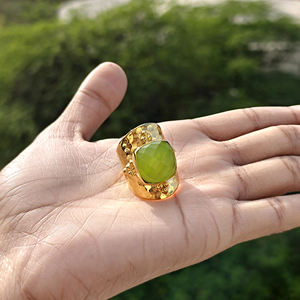 Latest fashion jewelry cushion shape prehnite jade <b>adjustable</b> <b>ring</b> solid brass 18k gold plated hammered texture band bold <b>rings</b> - Product Image 5