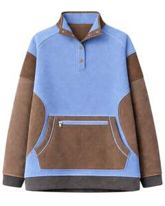 Sudadera de invierno oversize de forro polar para mujer, azul cielo y marrón, con cuello de botones a cuarto, bolsillo canguro, fabricante personalizado, top - Product Image 1