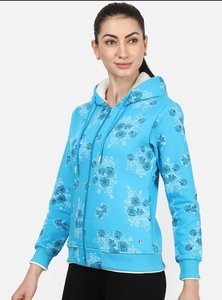 Sudadera con Capucha Azul con Estampado Floral para Mujer, Sudadera de Punto con Cierre de Cremallera y Manga Larga, Estilo Otoñal, Corte Regular, Transpirable - Product Image 4