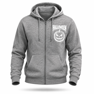 Premium Halloween Full <b>Zip</b> <b>Hooded</b> Jacket Custom Logo Available Soft Fleece Hoodie with Horror Skull Pumpkin Graphic Print Logo - Product Image 2