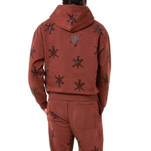 Ensemble de survêtement marron pour homme avec sweat à capuche zippé et pantalon de jogging, motif strass, en molleton de coton, style streetwear, logo personnalisé - Product Image 4