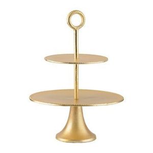 Gold Metal Two <b>Tier</b> <b>Cake</b> <b>Stand</b> with Round Top and Ring Handle decorative metal <b>cake</b> <b>stand</b> - Product Image 4