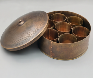 Artisanal Round Copper Storage Box With 6 Cups Handmade Metal Craft Antique Style Tableware For Kitchen Use - Product Image 1