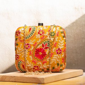 Yellow Multicolor Threadwork Embroidery Clutch Bag Elegant Designer Evening Purse for Women Events - Product Image 1