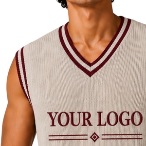 Gilet pull sans manches en tricot pour homme, col en V, avec rayures contrastées bordeaux, en laine et acrylique, personnalisable avec logo, vente en gros OEM - Product Image 5