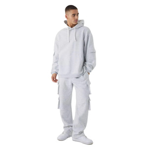 Conjunto de Sudadera con Capucha Gris para Hombre, Estilo Casual, Oversize, Pantalones Cargo de Felpa, Estilo Otoñal, Color Sólido, Prenda Exterior de Algodón Tejido - Product Image 1
