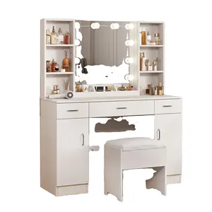 Makeup Vanity Desk with Lights Wood Dresser Desk Side Table Storage Drawers Corner Dressing Makeup Vanity Table For Bedroom