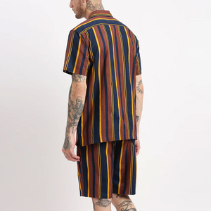 ชุดเสื้อเชิ้ตแขนสั้นผ้าฝ้ายลายทางสำหรับผู้ชายและกางเกงขาสั้น คอปกพับได้ สวมใส่สบายในฤดูร้อน ผ้าทอระบายอากาศได้ดี - Product Image 4