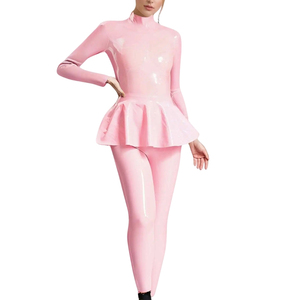Combinaison longue rose en PU pour femme, col roulé, manches longues, taille froncée, très extensible, style moulant et sexy pour clubbing - Product Image 1