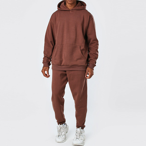 Men's Brown Hooded Sweatshirt <b>Set</b> Cotton Fleece Casual Winter <b>Knitted</b> Solid Color Jogger Pants Full Tracksuit Streetwear Front - Product Image 1