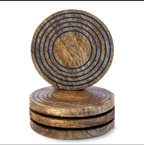 Sous-verres en noyer fabriqués à la main écologique pin naturel bambou acacia rond sous-verre en bois ensemble pour boissons avec support - Product Image 1