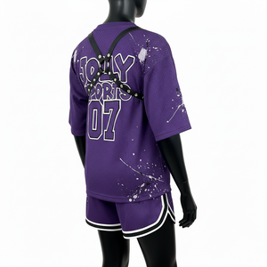 Ensemble short en jersey mesh pour femme, tissu mesh sportif en polyester de haute qualité, panneau latéral violet, logo personnalisé, ensembles pour femme 100% coton - Product Image 5