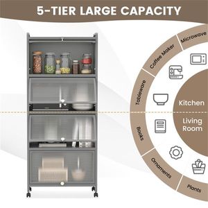 5 Tier Gray Kitchen Storage <b>Rack</b> with Flip Dust-Proof Doors <b>Rolling</b> Microwave Stand 4 Casters with Brakes - Product Image 5