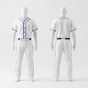 Men's <b>Baseball</b> Uniform Set White With Blue Trim Short Sleeve Jersey And Pants Regular Fit Button Closure All Seasons Apparel - Product Image 1