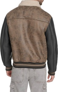 Blouson aviateur en cuir PU marron pour homme avec doublure en fausse fourrure, fermeture éclair, coupe-vent, vêtement d'hiver décontracté, col rabattable - Product Image 5