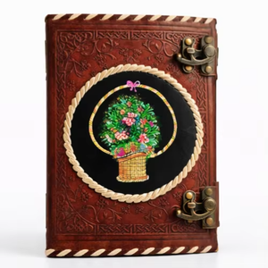 Atlasease Handmade Hand Painted Black Leather Journal Colorful Flower Art Vintage Customizable Notebook Dual Metal <b>Lock</b> Cord - Product Image 1