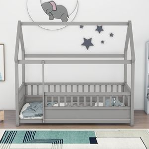 Letto in Legno per Bambini Misura Twin con Struttura a Tetto di Casa Grigio e Sponde di Sicurezza - Product Image 1