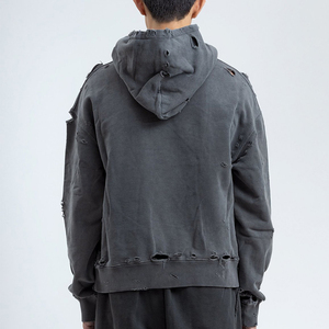 เสื้อฮู้ดดี้วินเทจแบบ OEM ซักย้อมสีแบบ Stone Washed ผ้าคอตตอนหนา 100% น้ำหนัก 500gsm ทรง Distressed - Product Image 5