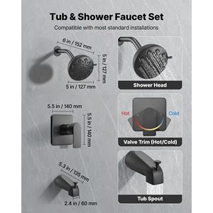 Juego completo de grifería monomando para bañera y ducha, con cabezal de ducha tipo lluvia de latón de 5 pulgadas y kit de embellecedores para caño de bañera, presurizado - Product Image 2
