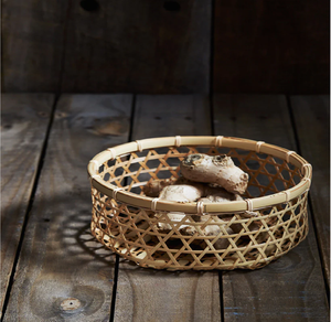 Eco-Friendly Luxury Low Wide Woven Storage <b>Basket</b> Bowl Decorative Pattern Alternating Natural Tan Dyed Green <b>Bamboo</b> Reed Strips - Product Image 2