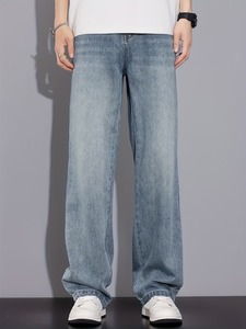 Jean ample pour homme, coupe large, bleu clair, respirant, en denim tissé, décontracté, délavé, style vintage streetwear - Product Image 6