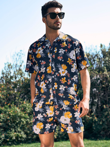 Ensemble chemise à manches courtes imprimée florale pour homme, style hawaïen décontracté d'été, col rabattu, tenue respirante en polyester tissé - Product Image 6