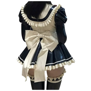 <b>Black</b> PU Leather Sailor Collar Lolita <b>Dress</b> With Big Bow Puff Sleeve Mini A-Line Fitted Party Wear Solid Color - Product Image 5