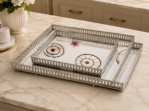 Metal Decorative Tray Set Rectangle Abstract Pattern Traditional Design 2Pcs <b>Mirror</b> Surface Standing Organizer Wedding Birthday - Product Image 4