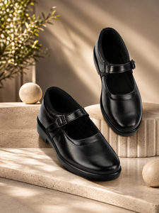 Chaussures de marche en cuir pour filles de 7 à 13 ans, noires, printemps-automne, bout fermé, fermeture Velcro, finition brillante, tissu en coton rembourré - Product Image 2