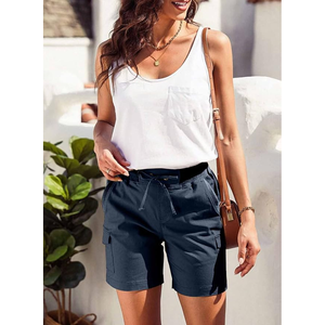 Women's <b>Navy</b> Cargo <b>Shorts</b> Drawstring Waist Solid Color Casual Breathable Cotton Canvas Fit Mid Rise Regular Style - Product Image 6