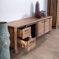 Meuble TV moderne Vandana Silver Sense 180 cm en acacia massif avec éclairage LED, niche et étagère en verre fantaisie pour salon et hôtel