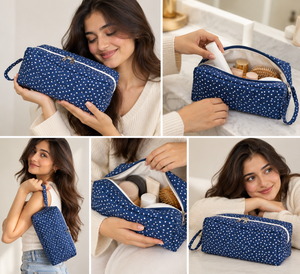 Étui à accessoires capillaires en coton matelassé bleu et blanc à cœurs pour femmes, style bohème, fermeture éclair, parfait pour les voyages - Product Image 5