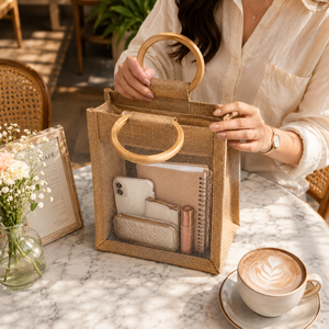 Premium Natural Jute Tote <b>Bag</b> with Wooden Round Handles Transparent Panel Reusable Eco Friendly Shopping Gift ToteEveryday <b>Beach</b> - Product Image 4