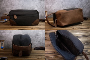 Double Zipper Canvas Leather Dopp Kit Custom Logo <b>Mens</b> Travel Toiletry Bag Waterproof Shaving Organizer <b>Pouch</b> LCTB-0052 - Product Image 6