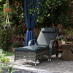 Sedia da piscina in Rattan nero con cuscino e poggiatesta con ruote con Chaise Lounge da esterno regolabile a 5 livelli con cuscino e poggiatesta - Product Image 2