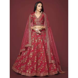 Bewitching <b>Red</b> Zari Work Slub <b>Silk</b> Wedding Lehenga Choli - Product Image 3