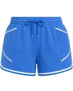 Shorts de sport bleus pour femmes en polyester et élasthanne, respirants, avec empiècements en maille, taille élastique et cordon de serrage, pour la gym, la course, l'entraînement et les loisirs - Product Image 1