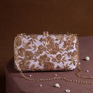Traditional Indian Zardozi Silk Clutch Bag with Half Moon Pearl <b>Embroidery</b> for Women's Classic Wedding Fashion Purse - Product Image 1