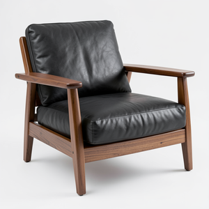 Solid Wood Frame Lounge Chair Black Genuine Cowhide Leather Modern Armchair for Home Living Room Furniture Coffee Shop Seating - Product Image 1