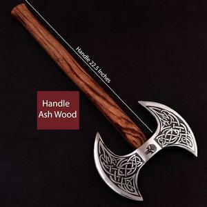 Hache Viking à double tête forgée à la main, OEM personnalisée, tête en acier au carbone gravée à l'acide, manche en bois de frêne massif avec fourreau en cuir - Product Image 5
