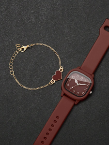 Montre en silicone pour femmes, avec cadran carré et montre-bracelet à Quartz élégante, 2 pièces/ensemble, B915 - Product Image 4