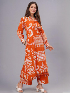 Orange Digital Printed Cotton <b>Kurta</b> Palazzo Set <b>Women</b> Ethnic Casual Wear Loose Fit Ankle Length India Pakistan Style - Product Image 1