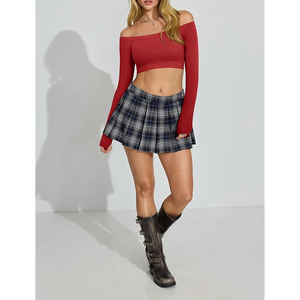 Women Off The Shoulder Long Sleeve <b>Crop</b> <b>Top</b> Solid Color <b>Red</b> Yoga Activewear Seamless Fit Regular Style Full Sleeve - Product Image 3