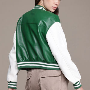 Custom <b>Womens</b> Wool Knitted Printed Varsity <b>Jacket</b> Stand Autumn Eco-Friendly Green <b>White</b> Woolen Snap Buttons Cotton Filling OEM - Product Image 5