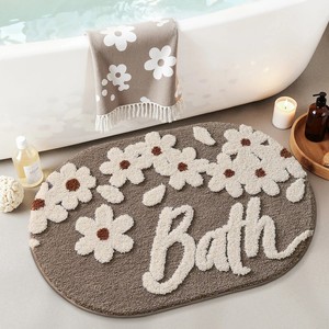 Tapis de bain ovale en chenille à motif floral, avec dos antidérapant en caoutchouc, design touffeté épais pour la salle de bain à domicile - Product Image 5